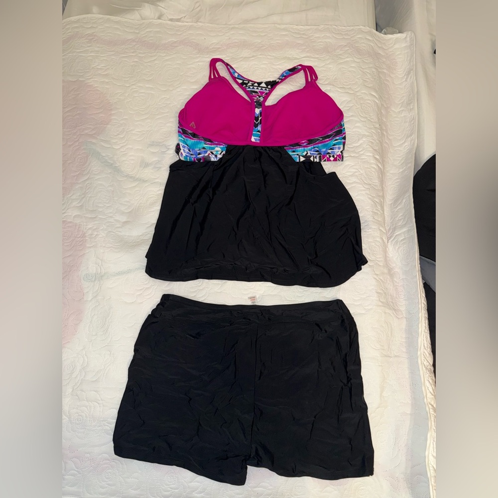 Black Tankini Set with Pink Racerback and Floral Trim - Picture 2 of 7